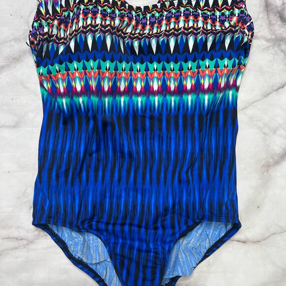 Swim Solutions Striped One Piece Swimsuit Strappy Back Size 12 Blue Slimming New - Picture 3 of 6